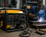 Generador amarillo listo para soldar. Un soldador trabaja en el fondo, demostrando que se puede soldar con un generador de 2000w.
