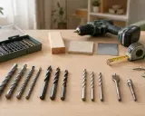 Variedad de tipos de brocas para pared y madera, junto a taladro, cinta métrica y gafas de seguridad.