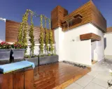 Jardineras de exterior con flores rojas y enredaderas. Un espacio moderno con ducha y terraza de madera.