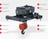 Polipasto eléctrico industrial con gancho de 15 toneladas, destacando sus tipos y características: versatilidad, seguridad, rendimiento, resistencia, compacto, tecnológico, durabilidad, fácil mantenimiento, repuestos y fabricante integral.