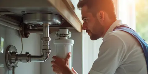 Hombre instalando filtro de agua en casa bajo el fregadero.
