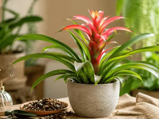 Bromelia en maceta gris con flor roja vibrante. A su lado, un pulverizador de latón y tierra para macetas, sugiriendo cuidados.