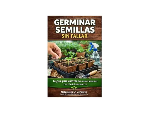 Guía para germinar semillas sin fallar, mostrando manos plantando brotes en macetas y una botella rociadora.