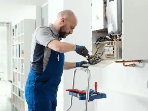 Técnico revisa el cableado interno de una caldera, mostrando cómo funciona.
