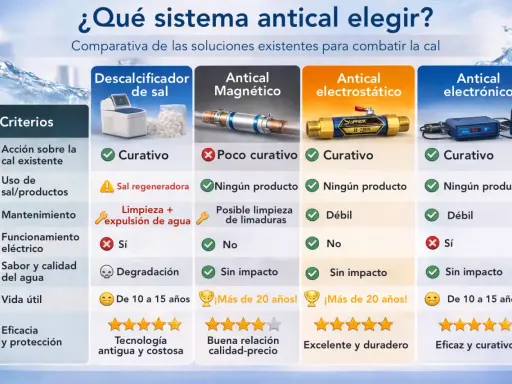 Comparativa de tipos de descalcificadores: sal, magnético, electrostático y electrónico. Evalúa eficacia, uso de sal, mantenimiento y vida útil.