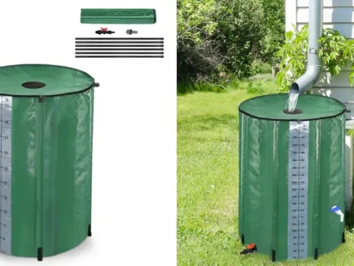 Depósito de agua de lluvia casero verde, con medidor de nivel, listo para instalar bajo un canalón.