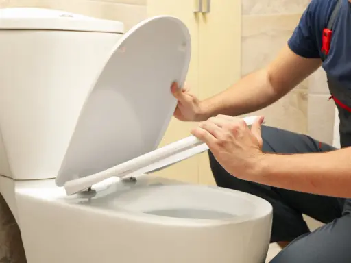 Man installing a toilet with horizontal outlet.