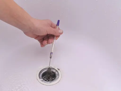 Mano usando un bolígrafo para desatascar desague ducha lleno de pelo.