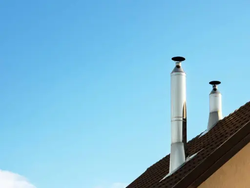 Dos tubos de chimenea metálicos se alzan sobre un tejado marrón contra un cielo azul claro. El sol calienta el metal, listo para aprovechar el calor.