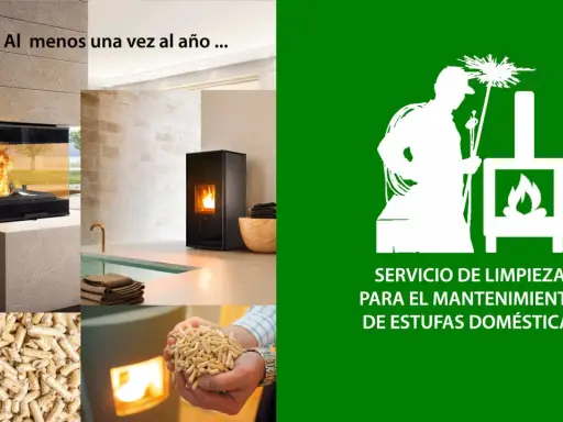 Servicio de limpieza para el mantenimiento de estufas domésticas. Imágenes de estufas de pellets y pellets.