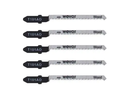 Cinco hojas de sierra de calar T101AO para madera, con dientes finos y marca Wovar.