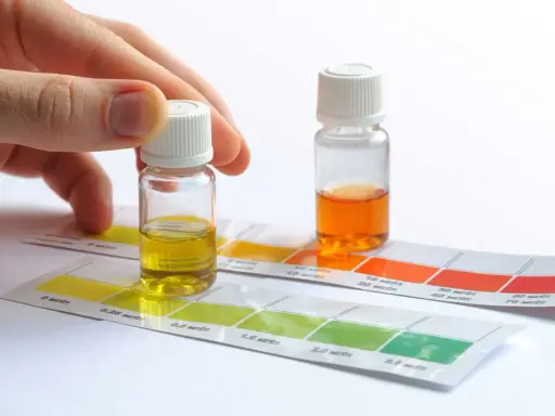 Mano sosteniendo un vial con líquido amarillo sobre tiras de prueba de color para saber la dureza del agua de mi zona. Otro vial con líquido naranja al lado.