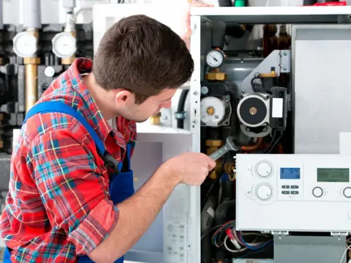 Técnico revisa una caldera de gas con problemas, usando una llave inglesa para reparar el sistema.