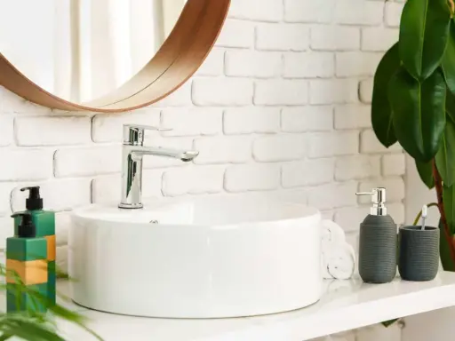 Instalar lavabo sobre encimera: un baño moderno con lavabo blanco, grifería cromada, espejo redondo y plantas.