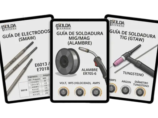 Guía de soldadura con electrodos (SMAW) muestra una tabla de amperaje para soldar.