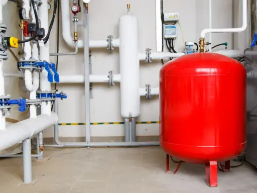 Un sistema de tuberías con válvulas azules y un gran tanque rojo, que es un vaso de expansión, en una sala técnica.