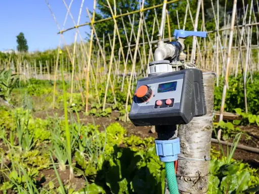 Un temporizador para sistemas de riego automático controla el agua en un huerto con plantas verdes y un cielo azul.