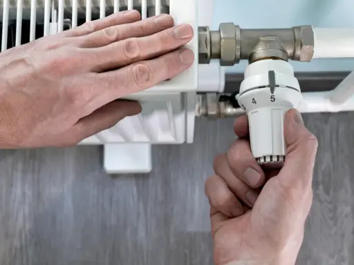 Mano ajusta el termostato de un radiador. El radiador solo calienta la mitad derecha, indicando un posible problema.