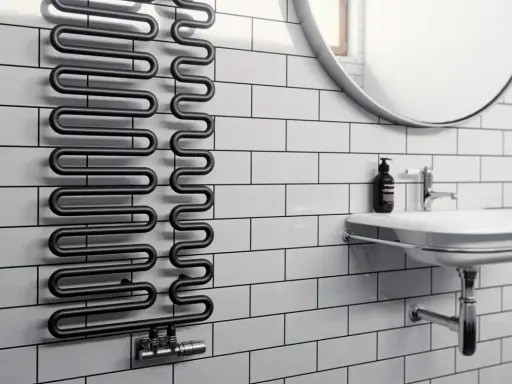 Radiador toallero negro con diseño ondulado, ideal para secar toallas o calentar el baño. Un radiador normal con estilo.