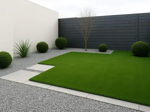 Modern garden with artificial grass, gravel, concrete paths and spherical bushes. Ideas para jardin con cesped artificial.