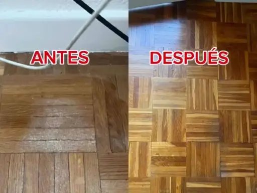 Antes y después de aplicar remedios caseros para reparar parquet. El suelo luce renovado y brillante.