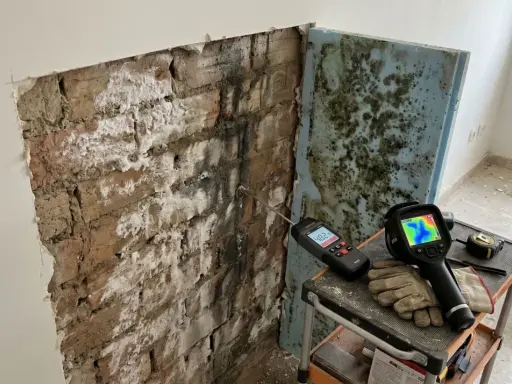 Herramientas para diagnosticar y como aislar una pared de la humedad: medidor de humedad, cámara térmica y guantes sobre ladrillos afectados por moho.