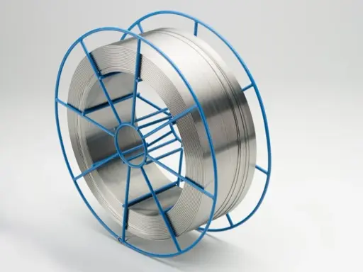 Carrete azul con alambre para soldar acero inoxidable, listo para crear uniones fuertes y duraderas.