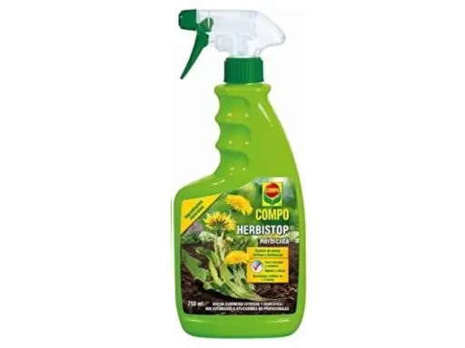 Botella verde con pulverizador de herbicida COMPO Herbistop, para eliminar malas hierbas para siempre.