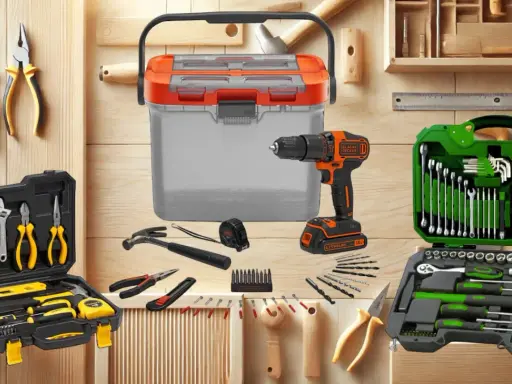 Un taladro, caja de herramientas, martillo, cinta métrica y 45 herramientas de construcción en estuches.