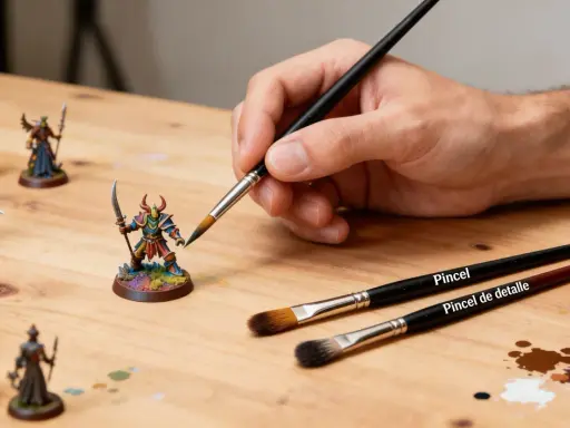 Mano pintando miniaturas con diferentes tipos de pinceles. Se aprecian pinceles para detalles y generales.