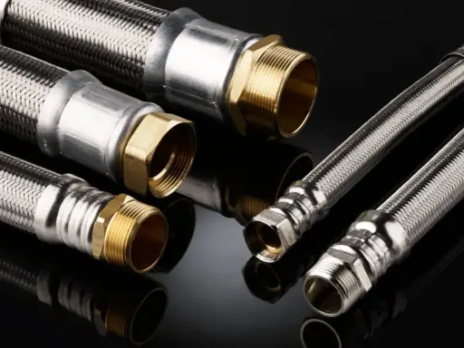 Detalles de una instalación de tubería PEX con mangueras flexibles de acero inoxidable y conexiones de latón.
