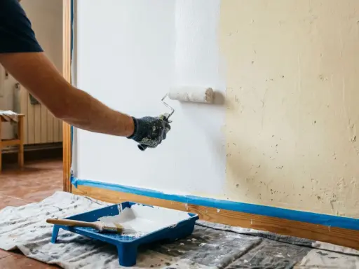 Persona aplicando pintura blanca con rodillo en pared. Se muestra bandeja con pintura y brocha. Aprende como hacer gotele con rodillo.