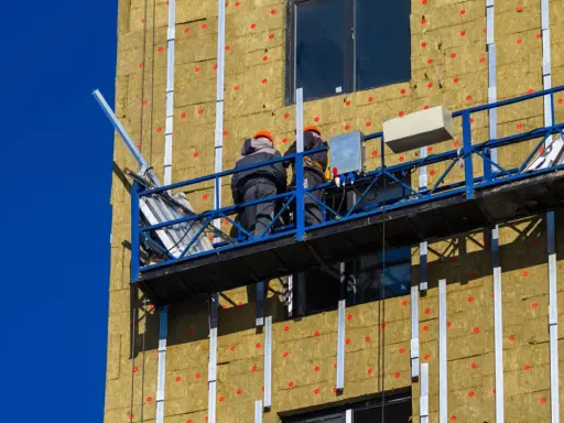 Trabajadores en plataforma instalan aislamiento térmico exterior en edificio.