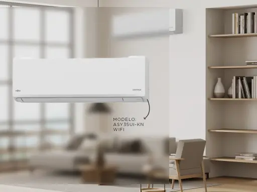 Un aire acondicionado split Fujitsu AIRSTAGE, uno de los tipos de aire acondicionado modernos, con modelo ASY35UI-KN WiFi, en un salón.