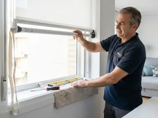 Instalador ajustando uno de los tipos de persianas enrollables. Herramientas y nivel en el alféizar.