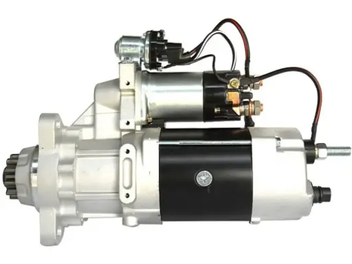 Motor de arranque con engranaje y solenoide. Las escobillas de un motor son esenciales para la transferencia de corriente al rotor.
