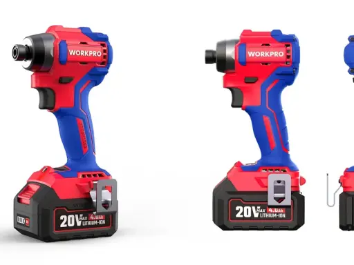 Tres taladros atornilladores inalámbricos Workpro, rojos y azules, con baterías de 20V. Muestran la diferencia entre taladro y atornillador.