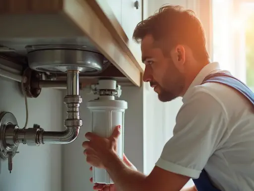 Hombre instalando filtro de agua en casa bajo el fregadero.