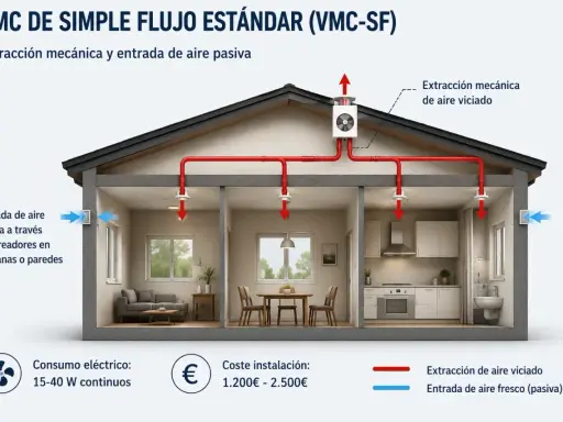 Diagrama de una casa que muestra el funcionamiento de un sistema VMC de simple flujo. El aire viciado se extrae mecánicamente y el aire fresco entra pasivamente.