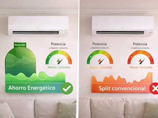 Comparativa de aire acondicionado: Inverter vs. Split convencional. Descubre qué significa inverter en aire acondicionado y su ahorro energético.