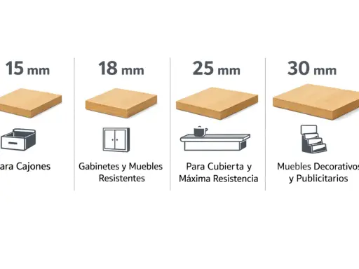 Tableros de melamina que es, en grosores de 15, 18, 25 y 30 mm, para cajones, gabinetes, cubiertas y muebles decorativos.