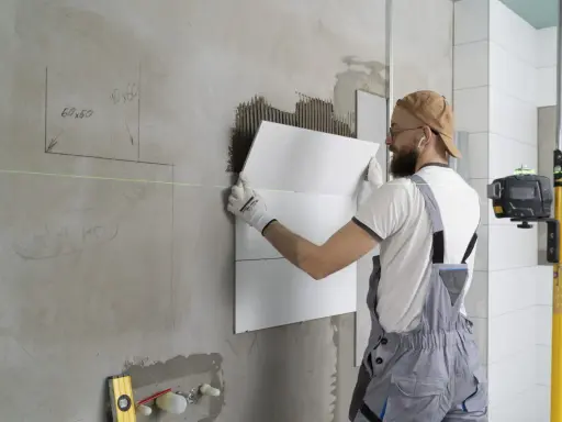 Obrero coloca baldosas en pared, usando nivel láser para asegurar un acabado perfecto. El proceso de instalación de aislante paredes interiores avanza.