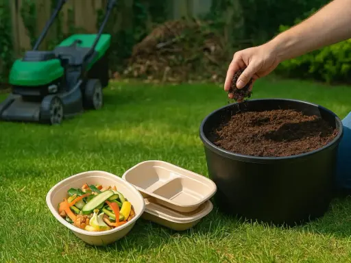 Persona añade tierra a un compostador al aire libre. Hay restos de comida y un cortacésped en el jardín.