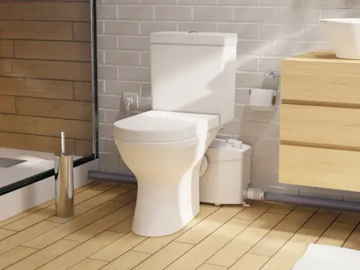 Moderno baño con inodoro triturador, lavabo de madera y ducha. Opiniones positivas sobre su eficiencia.