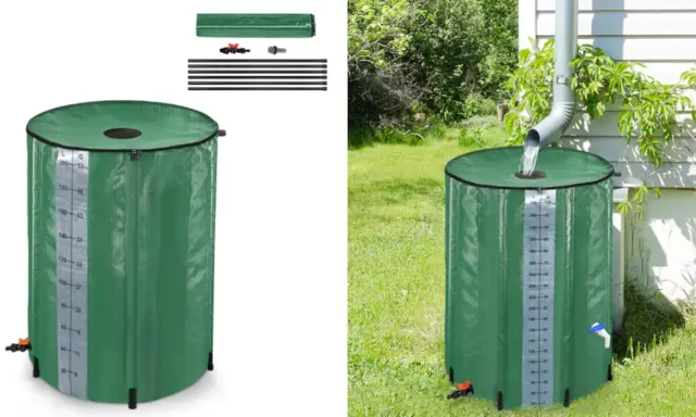Depósito de agua de lluvia casero verde, con medidor de nivel, listo para instalar bajo un canalón.