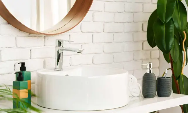 Instalar lavabo sobre encimera: un baño moderno con lavabo blanco, grifería cromada, espejo redondo y plantas.