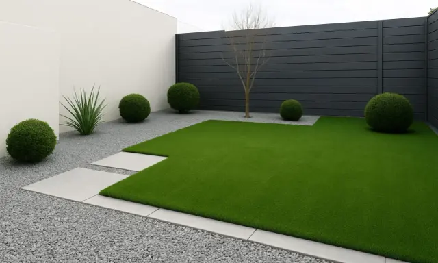 Modern garden with artificial grass, gravel, concrete paths and spherical bushes. Ideas para jardin con cesped artificial.