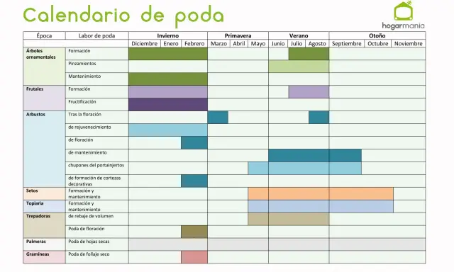 Calendario de poda: guía visual para saber cuándo podar árboles ornamentales, frutales, arbustos, setos, topiaria, trepadoras, palmeras y gramíneas.