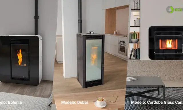 Estufas de pellets con conductos de aire: modelos Bolonia, Dubai y Córdoba Glass Canalizable, mostrando llamas vivas y diseños modernos.
