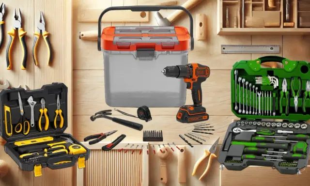 Un taladro, caja de herramientas, martillo, cinta métrica y 45 herramientas de construcción en estuches.
